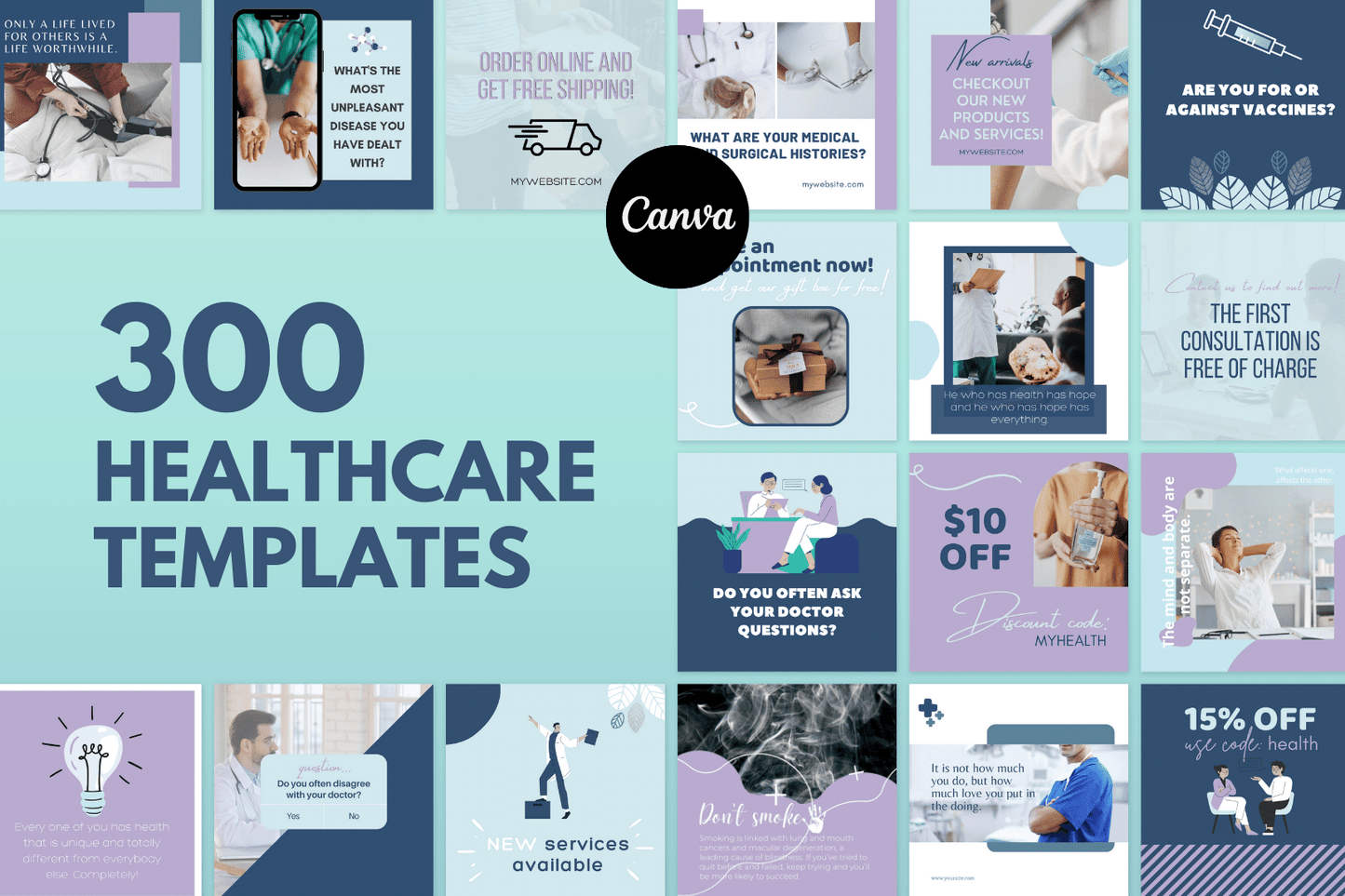 300 Digitale annonse og reklame maler for Helse og omsorgs Klinikker til sosiale medier