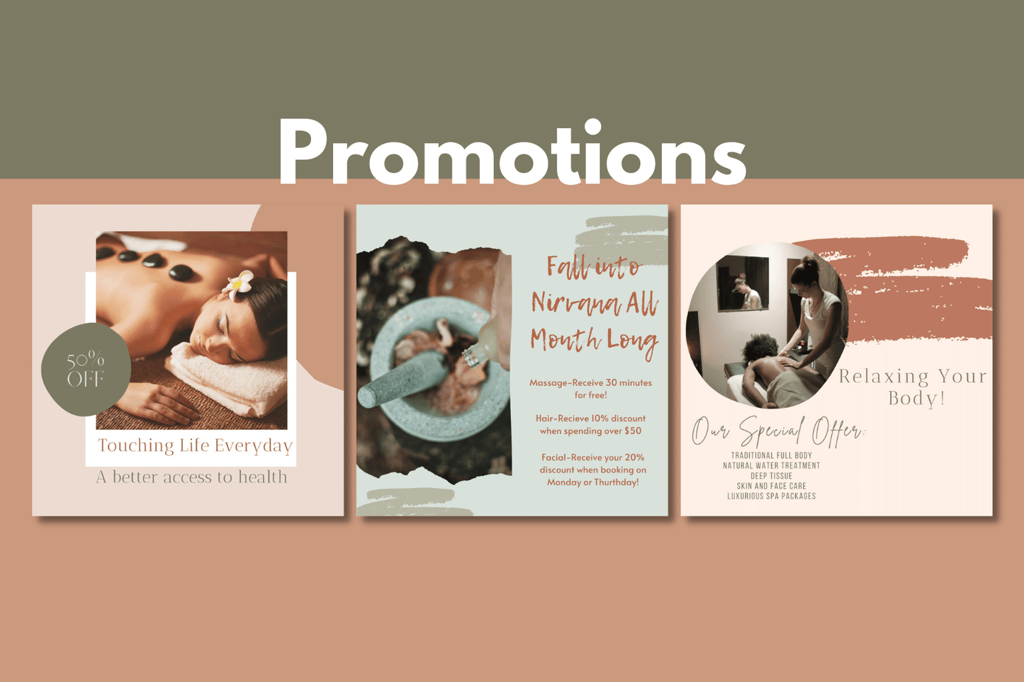 400 Digitale annonse og reklame maler for Massasje og Massører til sosiale medier